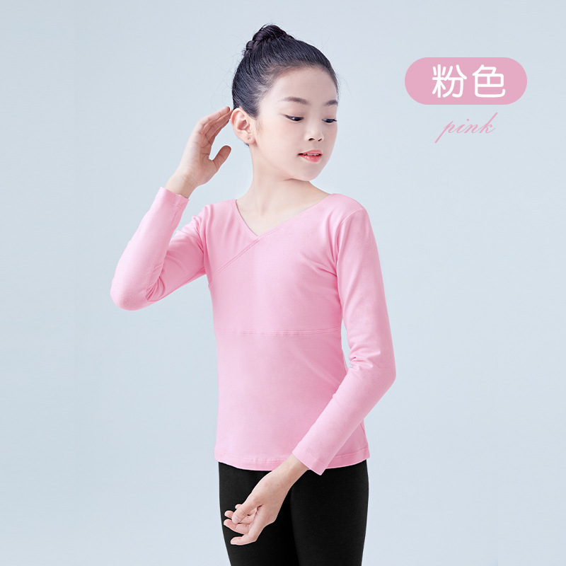 Nueva Ropa de baile los niños primavera manga larga traje delantero Cruz Niñas práctica danza superior al por mayor