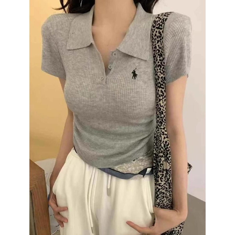 夏季新款韩版时尚百搭翻领短袖针织衫女修身显瘦辣妹上衣潮ins潮|undefined