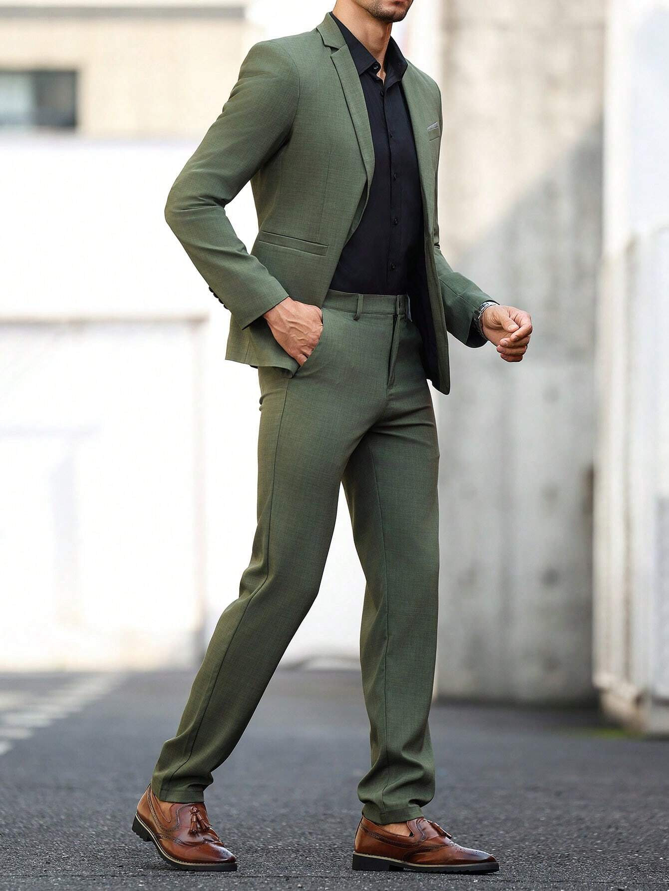 Men's Dark Green Business Suit Set For Gentleman Solid Color_voghion.com