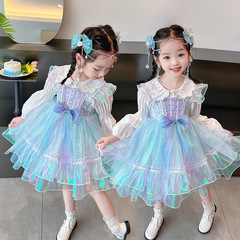 女童美人魚公主裙春秋新款兒童洛麗塔禮服裙小女孩蓬蓬吊帶連衣裙