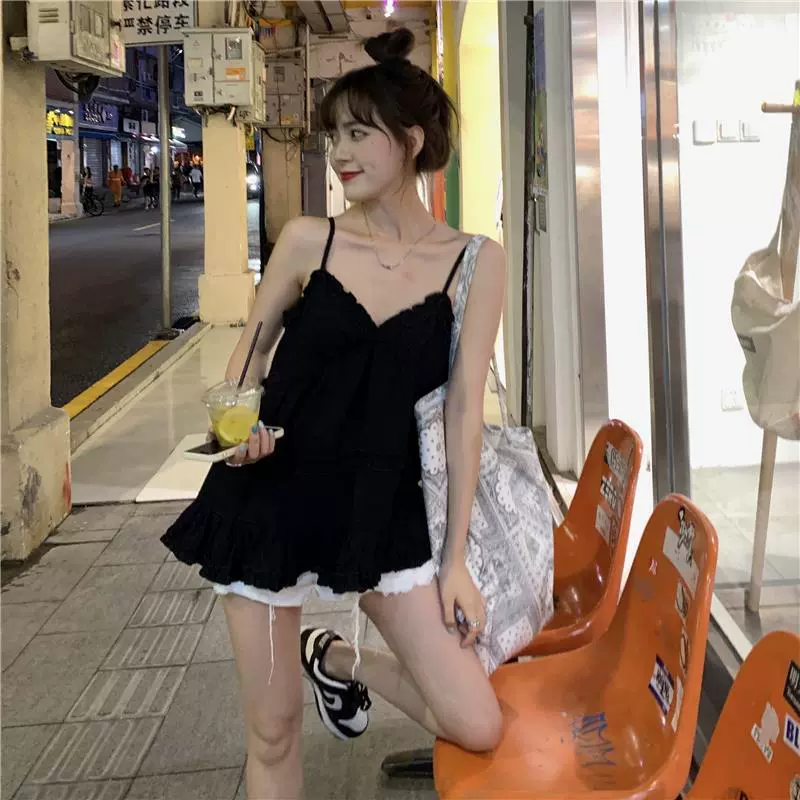吊带衫夏季2023新款小清新显瘦减龄V领木耳边外穿常规款单件女洋