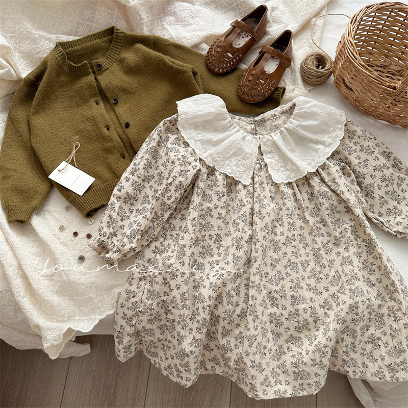 Xifan 2023 Autumn New Girl's Floral Embroidered Lace Collar Dress Children's French Style Elegant Cotton Dress Korean Style