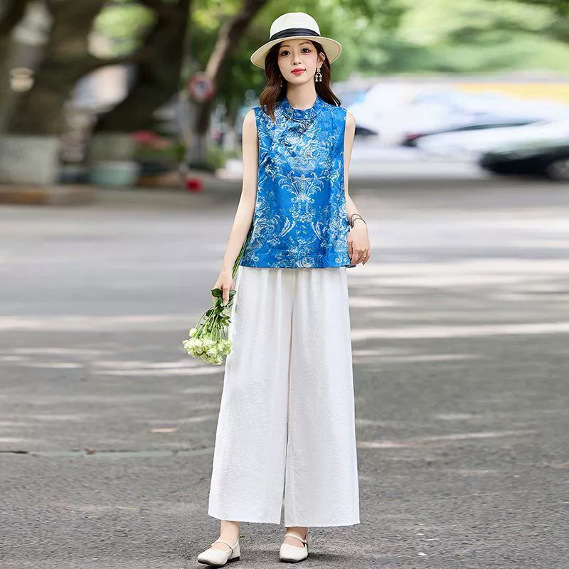 Новый китайский стиль национальный костюм для женщин 2025 лето новый свободный утягивающий принт западный стиль мама широкие брюки комплект из двух предметов