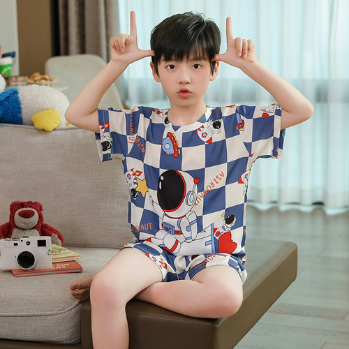 Children's Pajamas Boys Summer Ice Silk Boys Simulated Silk New Thin Medium and Large Children's Short-Sleeved Home Clothes Set