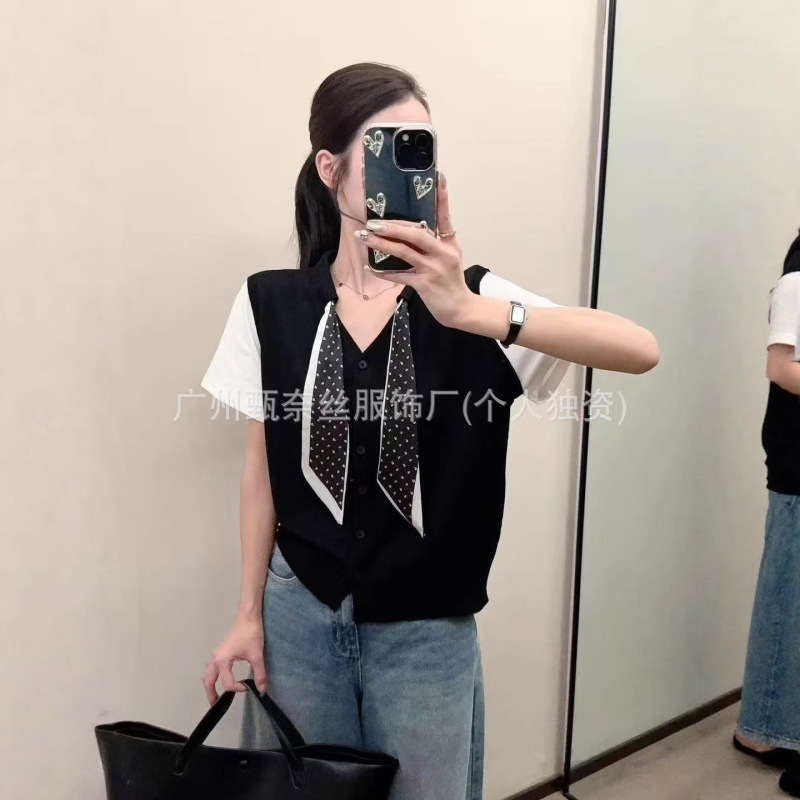 今年流行老钱风配丝巾排扣假两件针织短袖女时尚百搭显瘦精美上衣|undefined
