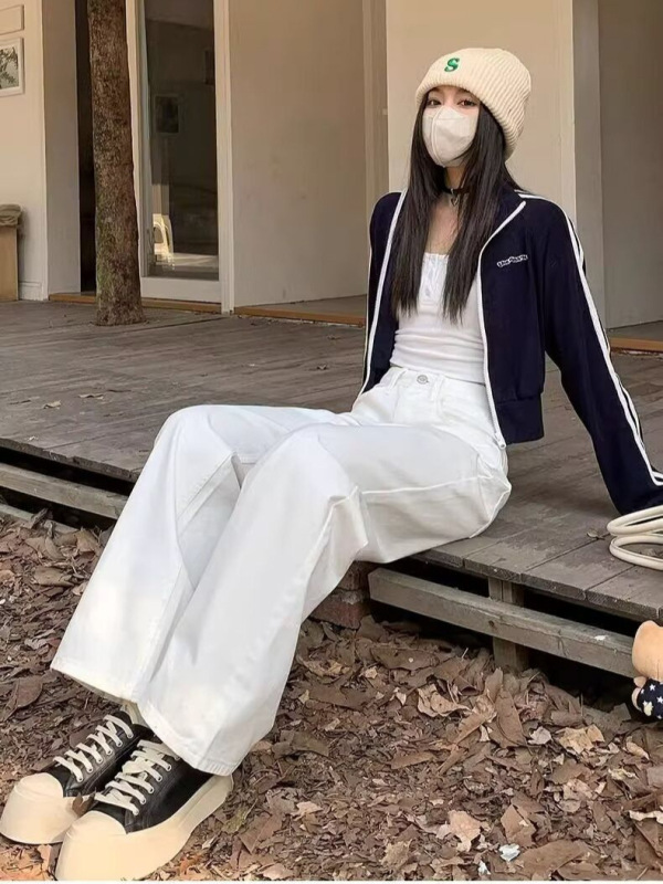 宽松阔腿白色牛仔裤女款秋高腰直筒阔腿裤女垂感裤子女款微胖显瘦|undefined