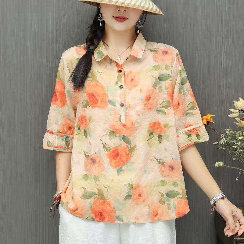 Tencel Cotton Linen Short-Sleeved Shirt for Women Summer 2026 New Style Artistic Elegant Fashion Loose Large Size Printed Casual Shirt