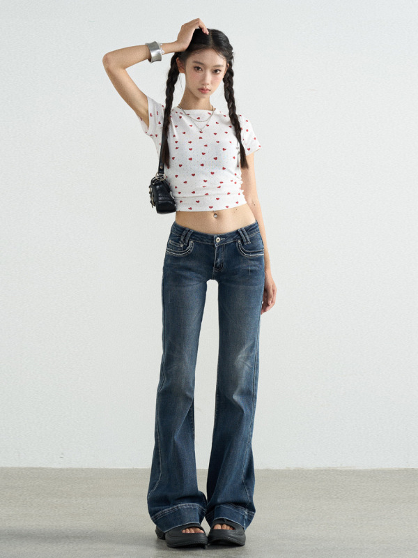 美式牛仔裤女2025春秋新款复古水洗蓝拖地辣妹弹力低腰微喇长裤子|undefined