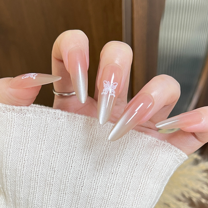 Wearable French Long Pointed Nude Pink Manicure Nail Patch Finished Product Elegant Elegant Simple Nail Patch Removable