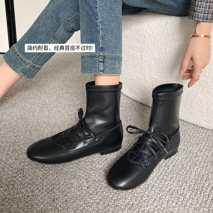 真皮切尔西靴2025秋冬圆头绑带弹力瘦瘦靴女平底舒适短筒百搭女靴|undefined