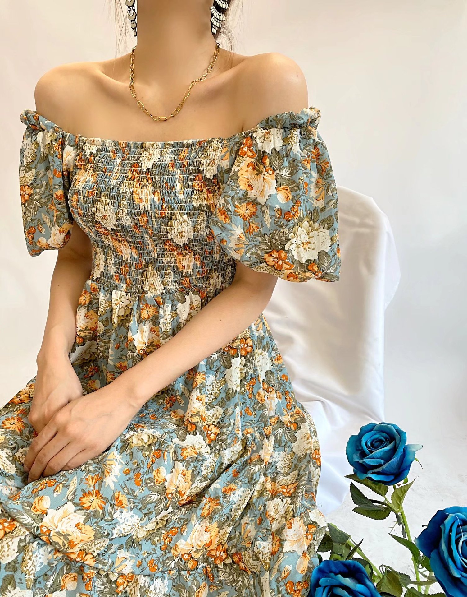 One-Shoulder Puff Sleeve Ruffle Stitching Floral Print Dress NSAM109299