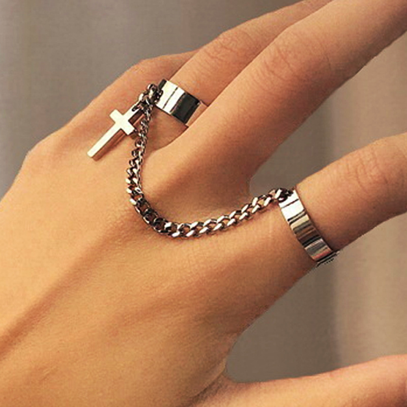 retro pearl chain ring fashion punk cross pendant geometric ring