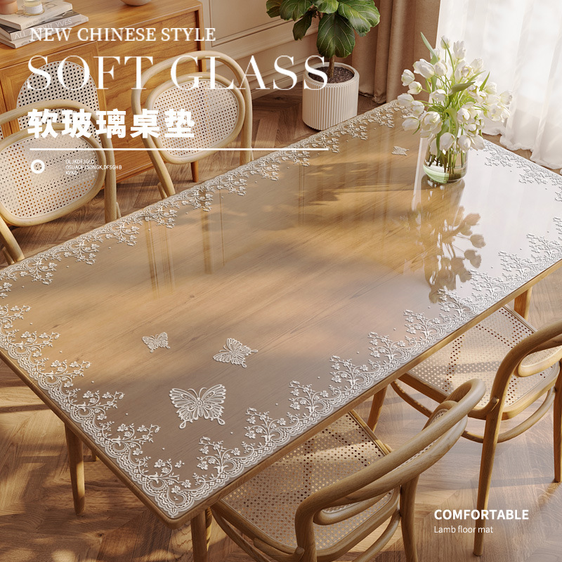 Transparent Soft Glass Table Mat Waterproof and Oil-Proof Lace Table Cloth Accessible Luxury High-End Crystal Plate No-Wash Insulation Mat