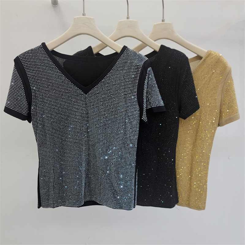 V-collar caliente taladro camiseta de manga corta para mujeres 2026 verano nuevo temperamento elegante delgado brillante chaqueta