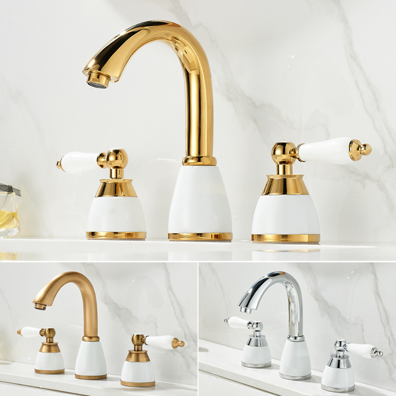 French basin hot and cold faucet wash basin basin bathroom cabinet bathroom three-hole gold split retro color