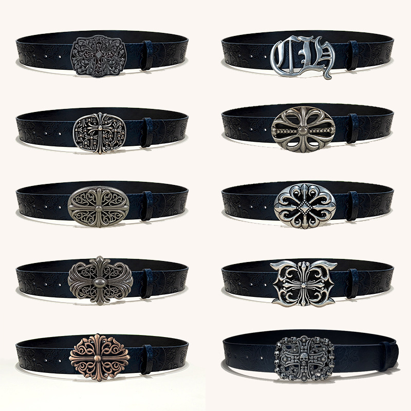 In Stock] Western Cowboy Style Classic Cross Buckle Pattern Belt for Men and Women with Skirts and Jeans with Belts