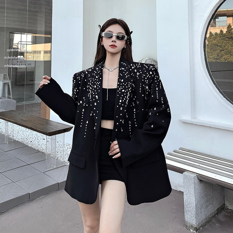 Black Heavy-Duty Rhinestone Cool and Stylish Women's Blazer Autumn New Loose Long-Sleeve Suit with Unique Design