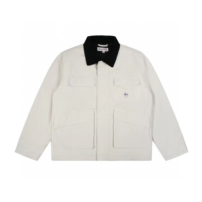 跨境高品质斯图西Stussy经典宽松复古翻领休闲重工工装水洗棉服夹|undefined