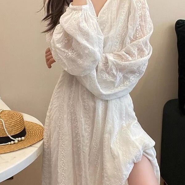 Go Where the Wind Blows Liu Yifei Floral Dress 2026 Spring/Summer White Slimming Long-Sleeve Embroidered Holiday Maxi Dress