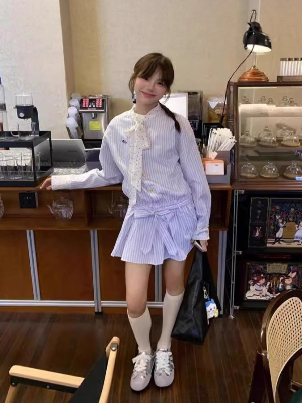 学院风蝴蝶结领带条纹衬衫连衣裙子女秋季小个子韩系穿搭高级感|undefined