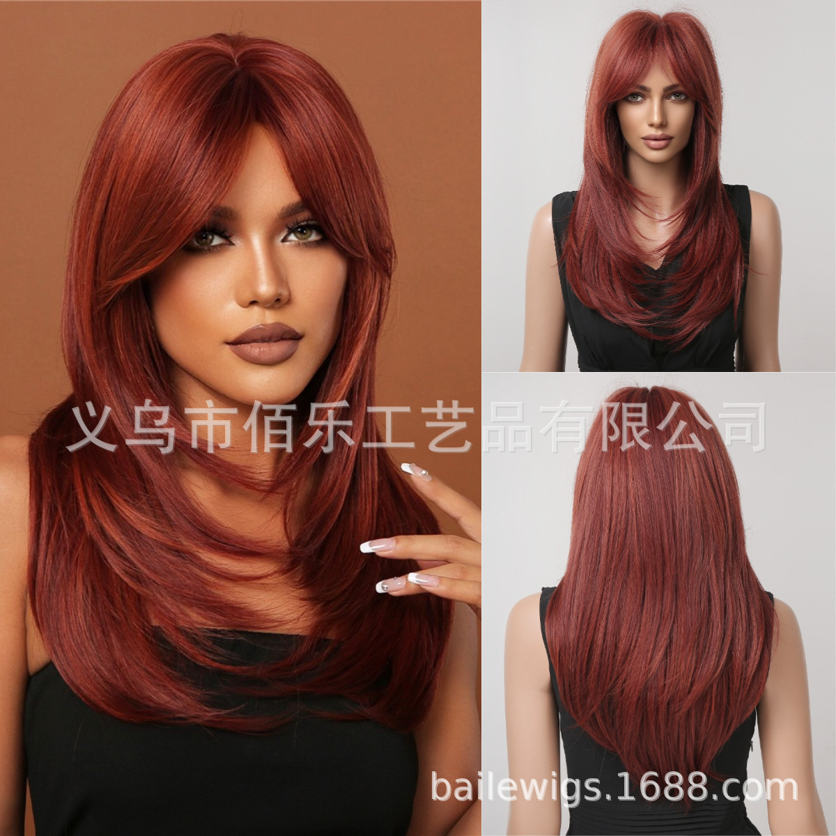 Nuevo negro Rosa flequillo larga recta gradiente de pelo fibra química SEDA NATURAL peluca femenina tocados pelucas fabricante en stock image 32