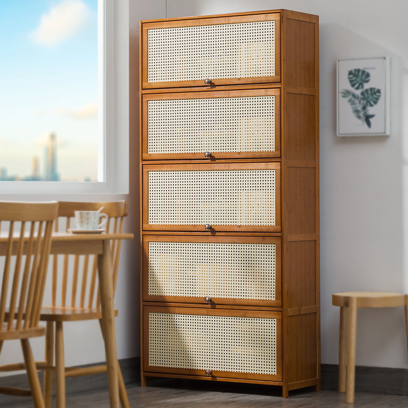 Kitchen Supplies Storage Cabinet Floor Multi-layer Cupboard Living Room Balcony Storage Rack with Door Locker Rattan Bookcase