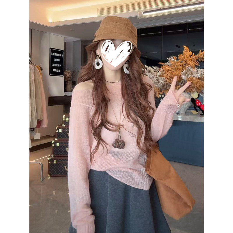 小个子软糯多巴胺露肩长袖针织衫毛衣女2025秋季新款灰色短裙套装|undefined