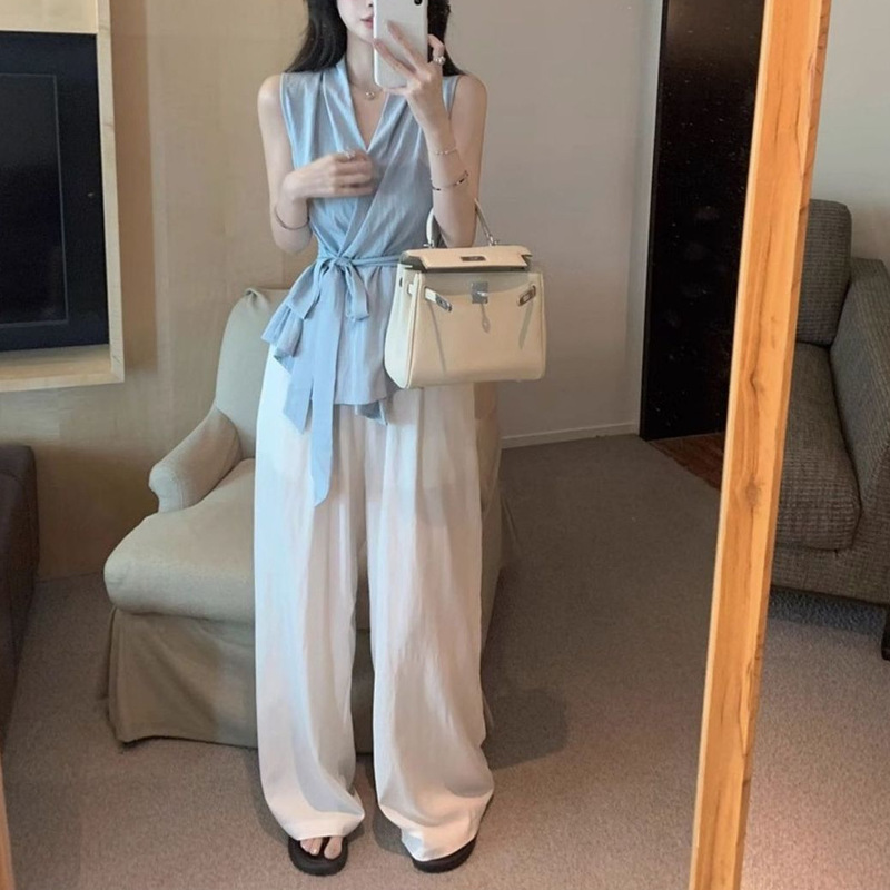法式chic气质绑带露肩无袖衬衫女夏季高级感温柔洋气小衫收腰上衣|undefined