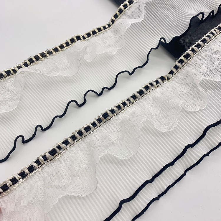 窗帘辅料立边装饰花边小香风双层边拼接黑边白色蕾丝边