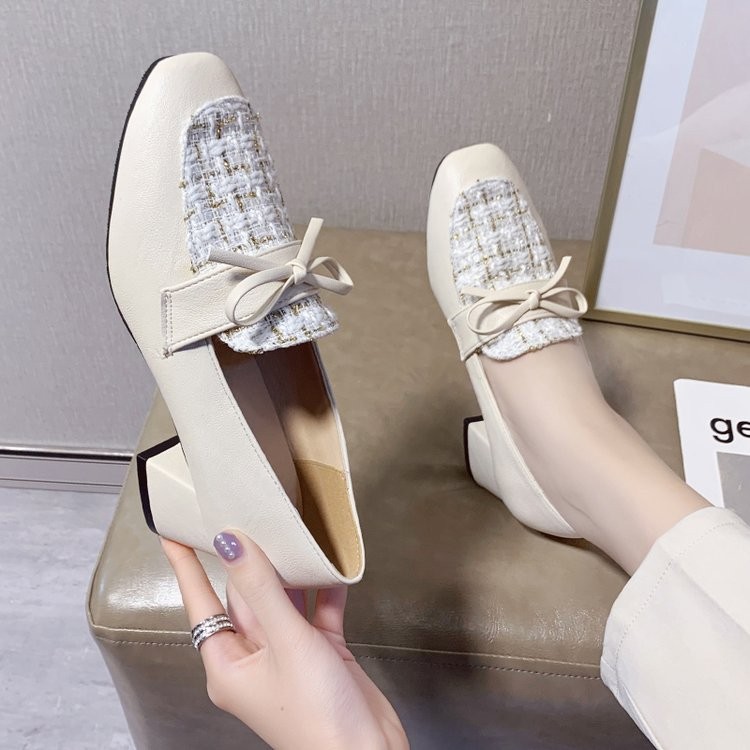 여성 신발 2025 새로운 봄 두꺼운 굽 중간 굽 싱글 신발 여성 다목적 하이힐 로퍼 영국 스타일 봄, 가을 작은 가죽 신발