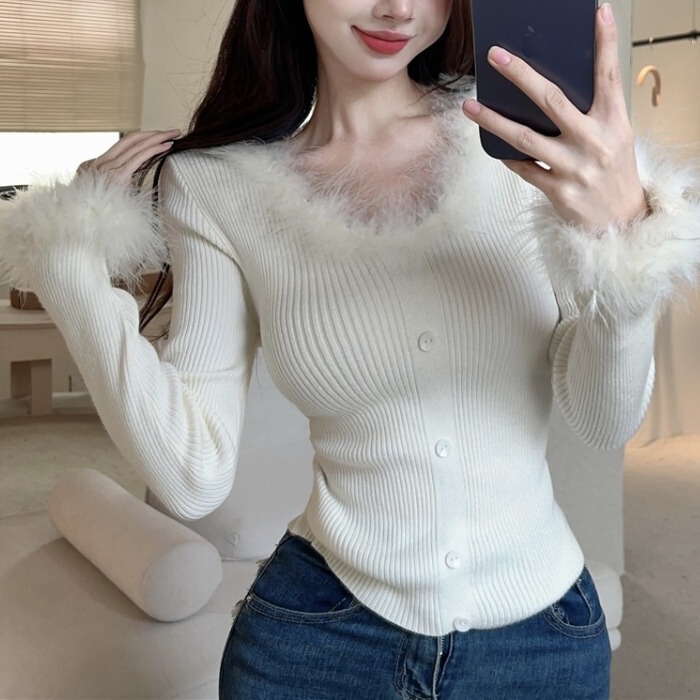 Foreign trade wholesale autumn and winter design cuff stitching feather sweater women's elegant V-neck slim bottoming knitted top