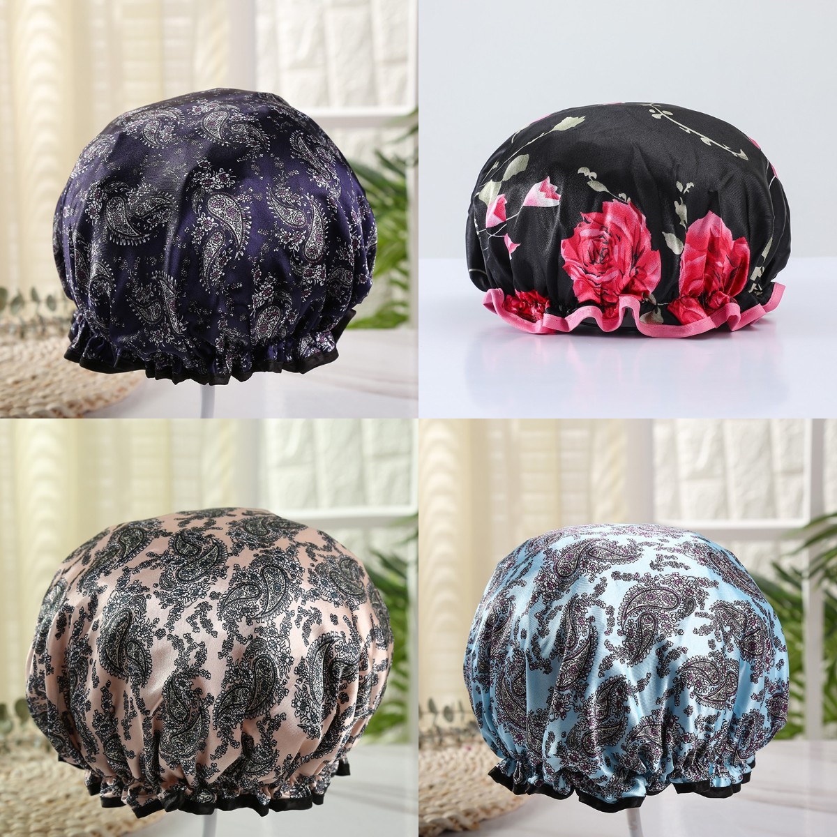 Adult Double-layer Eco-friendly PEVA Printed Satin Waterproof High-quality Shower Cap Anti-oil Amazon Cross-border