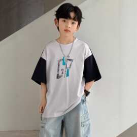 男童短袖T恤夏季2026新款大童薄款男孩夏装儿童拼接体恤休闲上衣t