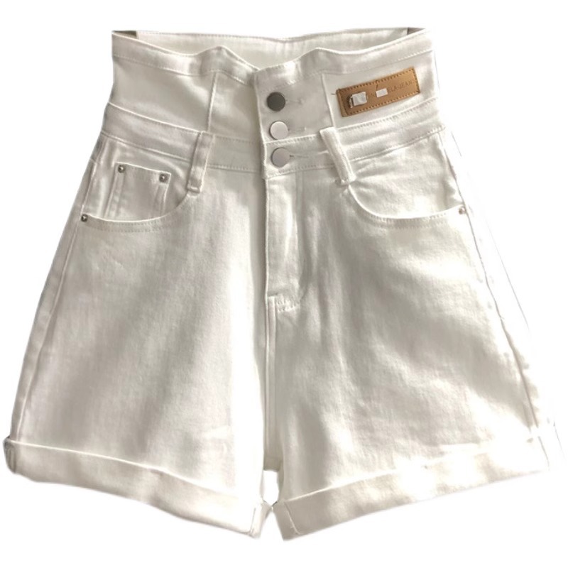 European goods 2024 Summer new white ultra high waist stretch curling Denim shorts women's slimming A- line wide leg hot pants