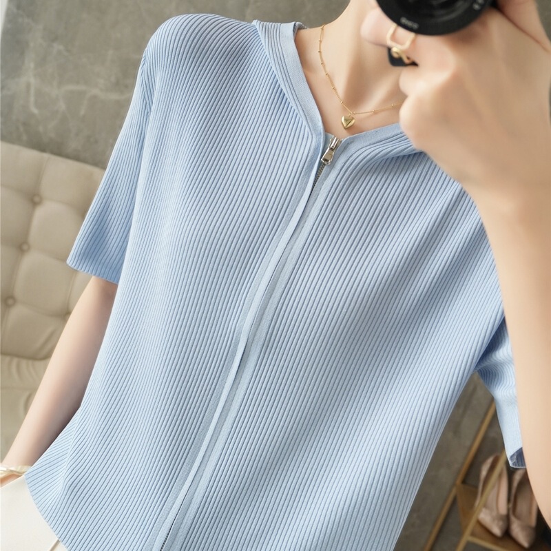 Zipper short hooded ice silk knitted cardigan women's short-sleeved summer casual clean version outer wear ins fashionable half-sleeve top