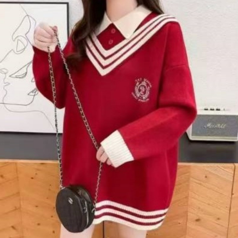 jk秋冬慵懒风毛衣百搭新款女装2025年新款学院风刺绣假两件针织衫|undefined