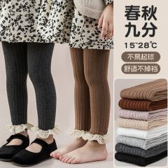 春秋新款女童復古款花邊寬條小花鈎花打底褲大蕾絲花邊寶寶九分褲