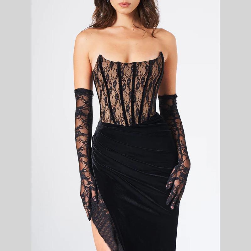 Yl23613 Autumn New Style Tube Top Slit Long Skirt European and American Style Sexy Lace Velvet Splicing Dress for Women