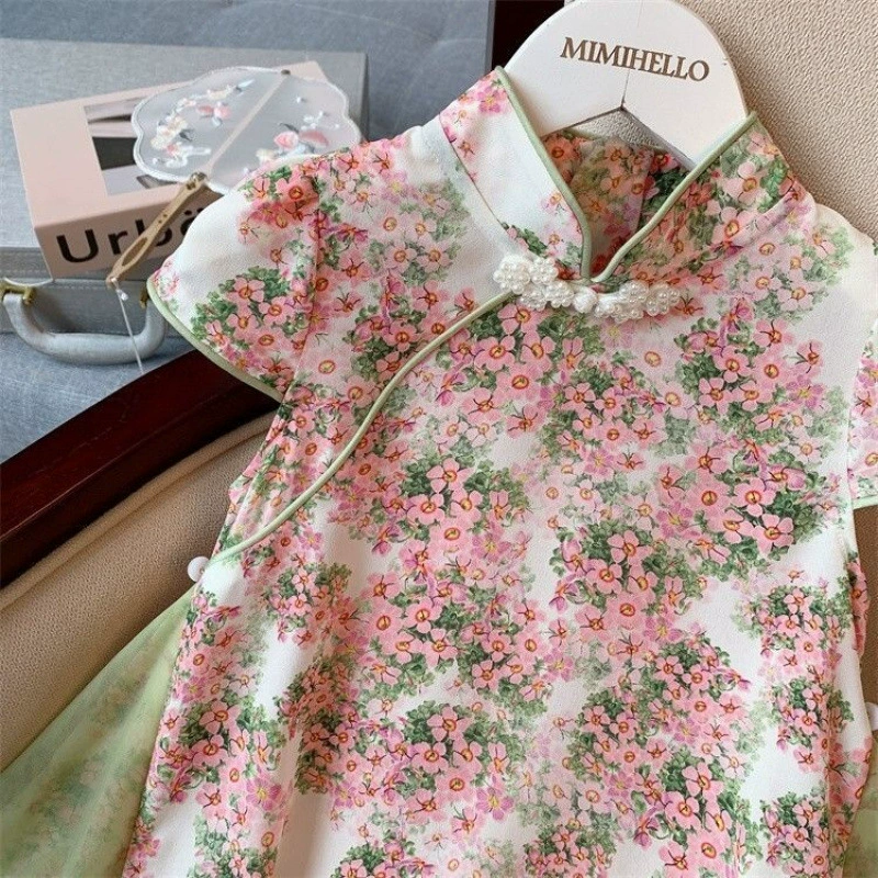 Большая распродажа: платье-чонсам с цветочным принтом для девочек, новинка лета 2025, китайский стиль, юбка из шифона с пуговицами для девочек