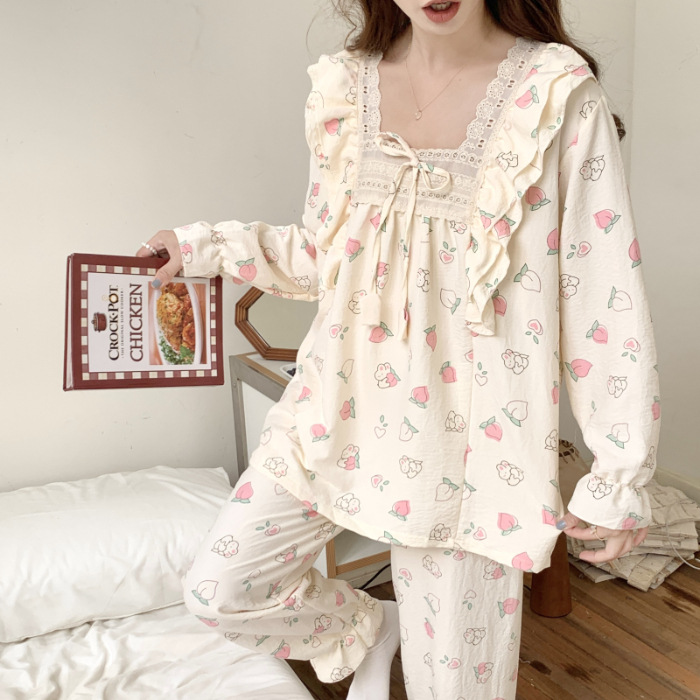 2023 nuevo deseo puro Otoño e Invierno pijamas chica tejida algodón fresco de manga larga dulce encaje inicio desgaste traje