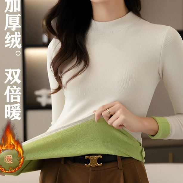 Нижняя рубашка с половиной воротника женская зимняя бархатная толстая футболка с длинными рукавами 2024 новая тонкая теплая куртка женская