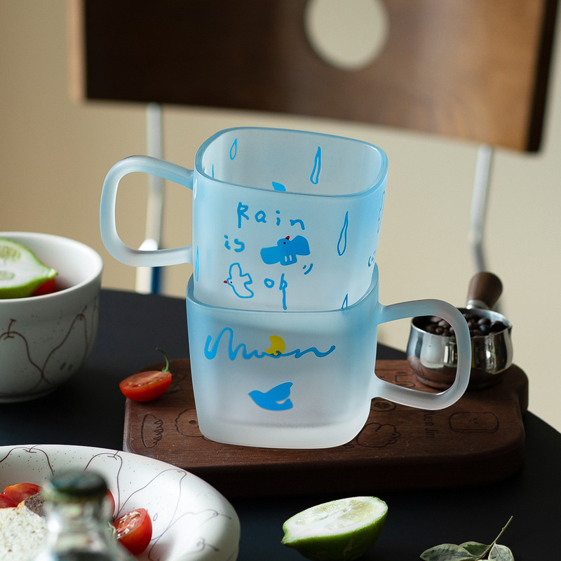 Bird Series Gradient Frosted Glass Cup Office Water Cup High-Value Home Mug with Handle