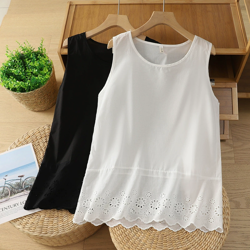 Японский женский хлопковый жилет без рукавов, нижний камзол, сплошной цвет, свободная вышивка, кружево, подол, летний новый