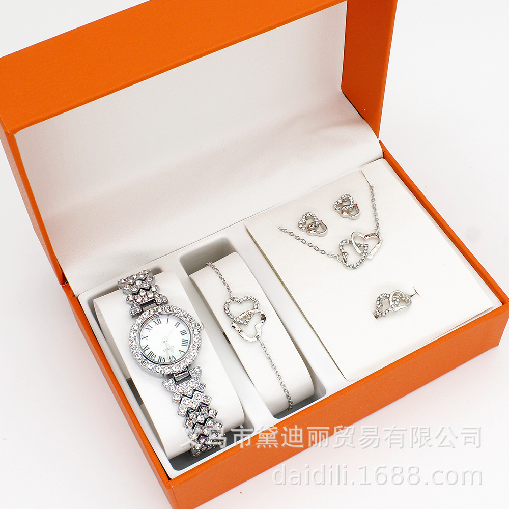 Foreign trade Women's Watch jewelry box five-piece fashion watch diamond steel belt simple exquisite women's watch with Diamond