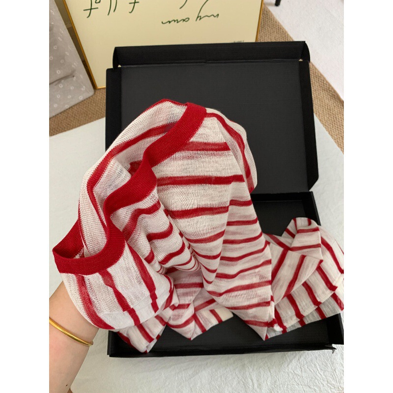 Highly Recommended! Very Easy to Wear and Whitening ~ Skin-Friendly Breathable Tencel Linen Stripesd Knitted T-Shirt Women's Sun Protection Blouse