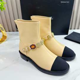 欧洲站法式复古小香风短靴女2024秋冬新款链条瘦瘦靴平底马丁靴潮