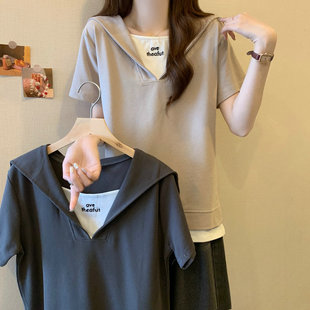 plus size Women's Shoulder Fake Two-piece Short-sleeved T-shirt Women's Summer 2025 New Loose Slimming Navy Collar Top Clothes