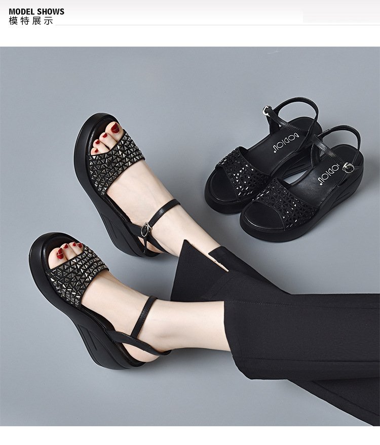 Dép sandal nữ đế xuồng đính đá cao cấp, gót cao tăng chiều — Màu đen chi tiết 2