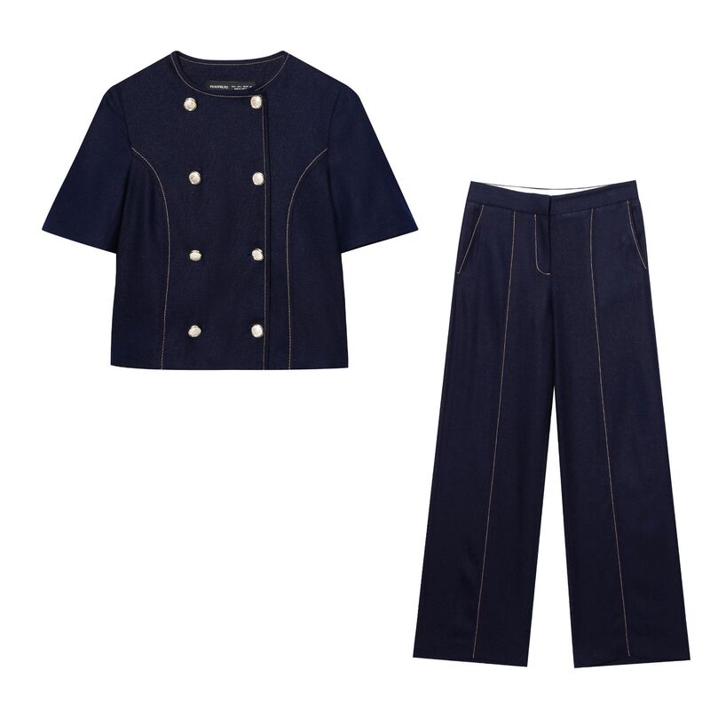 2025 Linen Blend Quilted Short-Sleeved Suit Jacket 3429709 Quilted Straight Pants 2899709 Suit