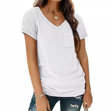 2024 亚马逊新款 欧美休闲V领女式短袖夏季T恤上衣时尚休闲